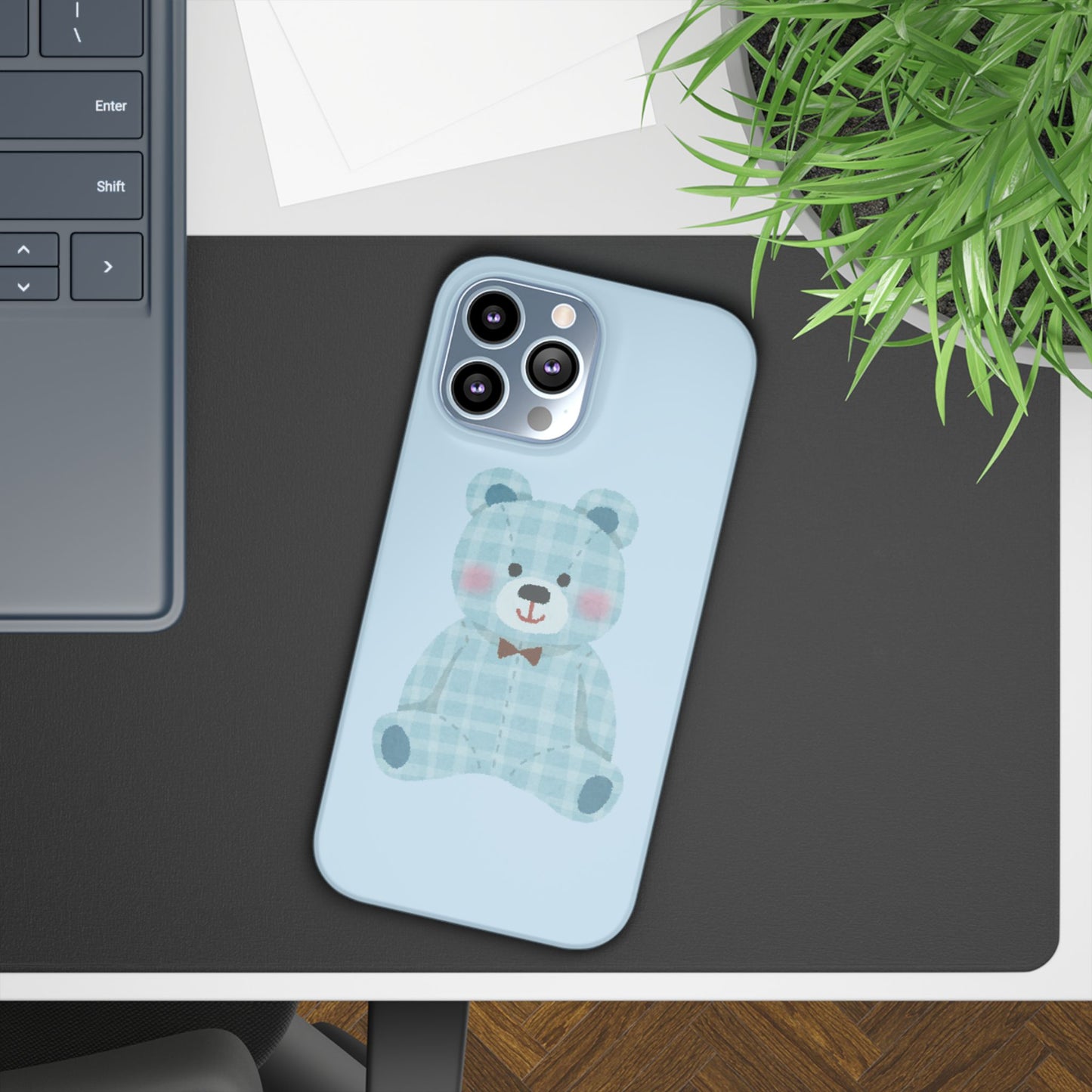 Cute Bear Slim Phone Case - Blue Plaid Design