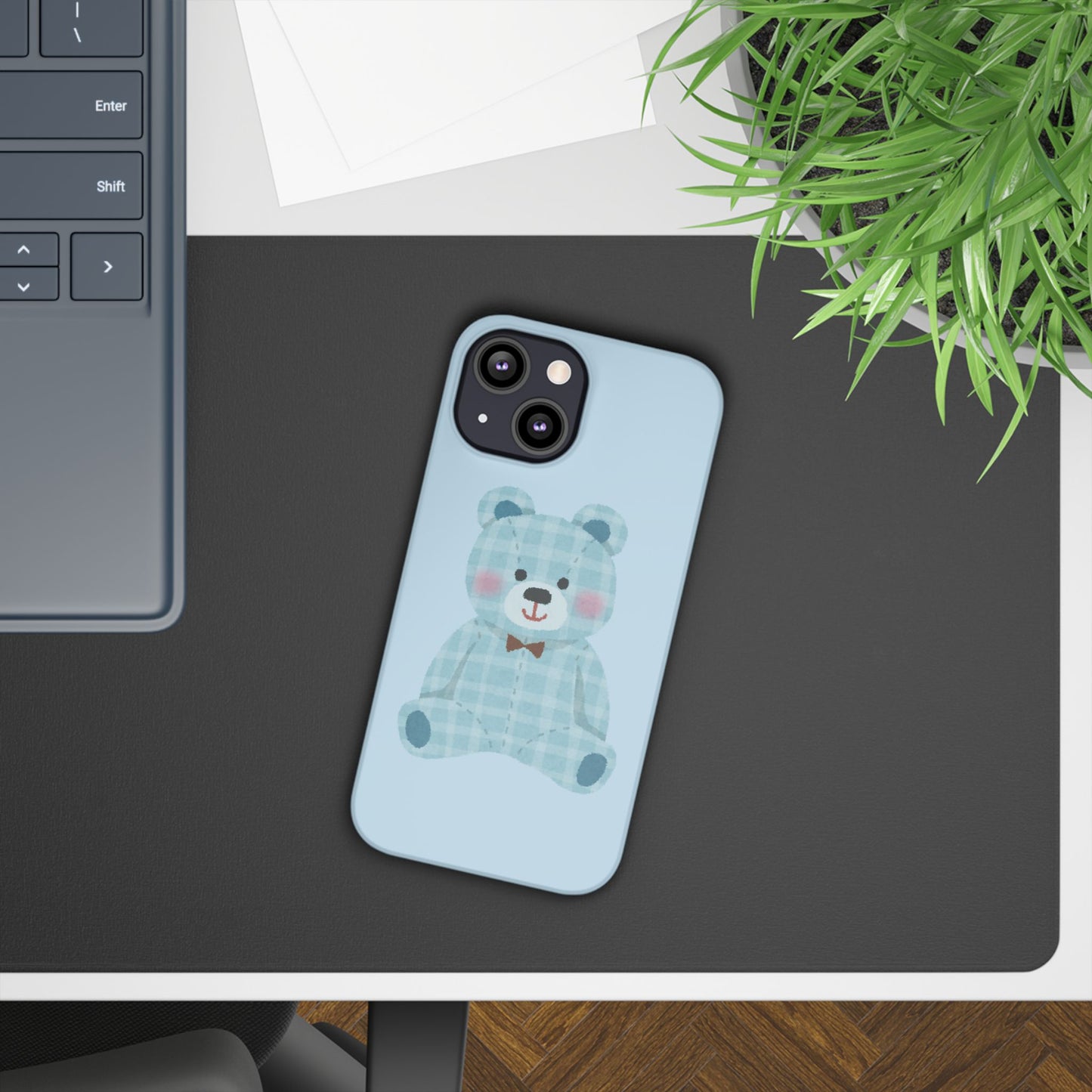 Cute Bear Slim Phone Case - Blue Plaid Design
