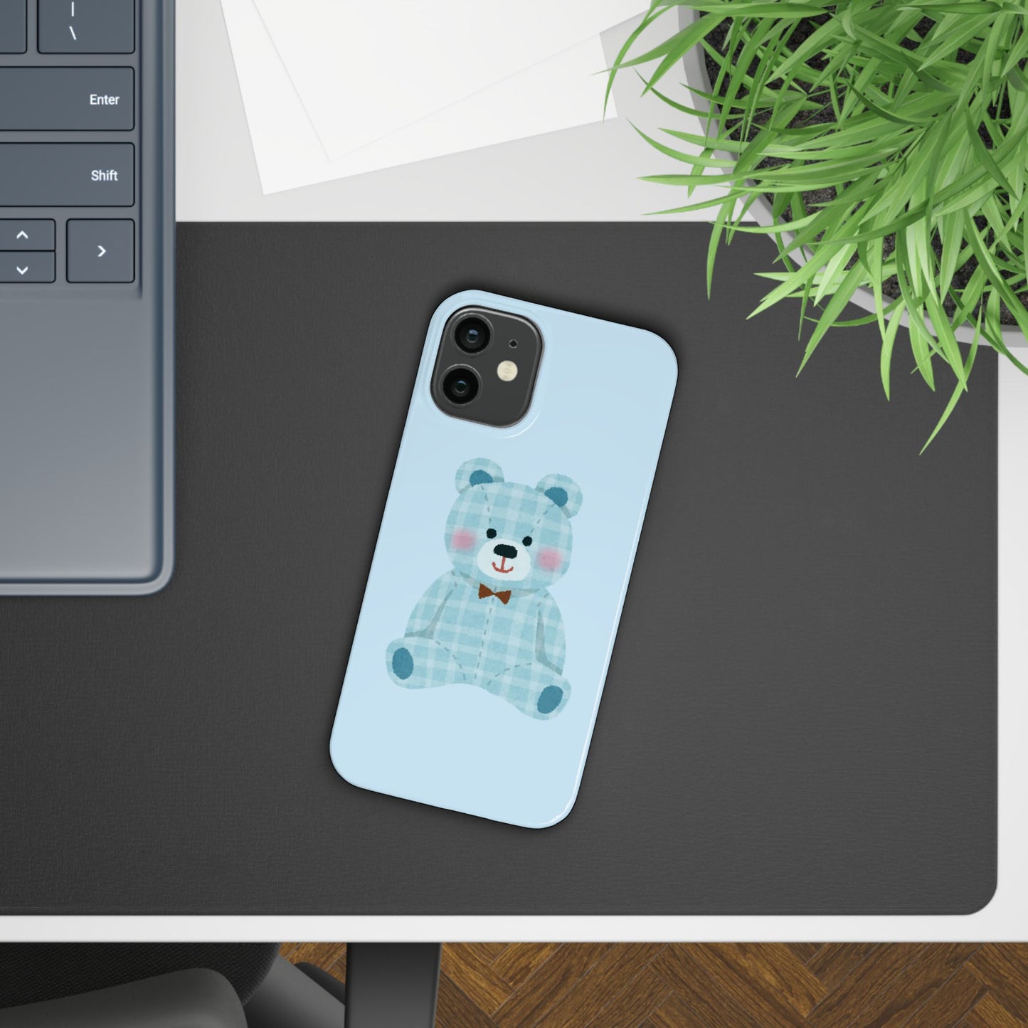 Cute Bear Slim Phone Case - Blue Plaid Design