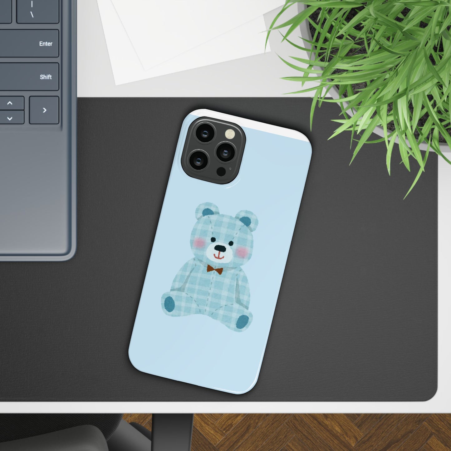 Cute Bear Slim Phone Case - Blue Plaid Design