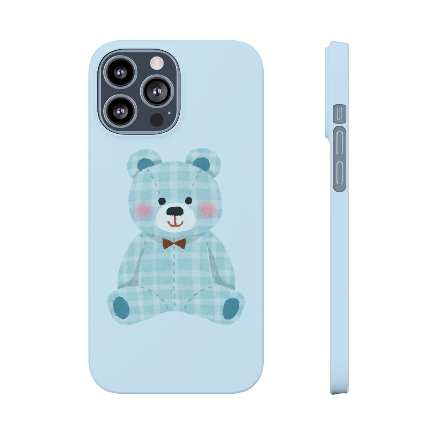 Cute Bear Slim Phone Case - Blue Plaid Design
