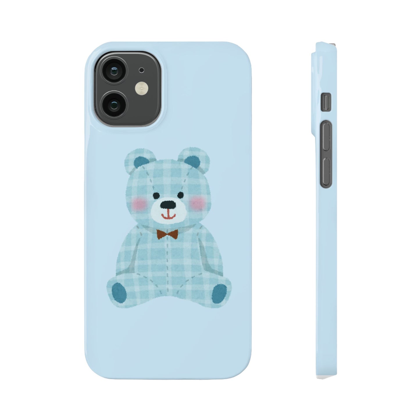 Cute Bear Slim Phone Case - Blue Plaid Design