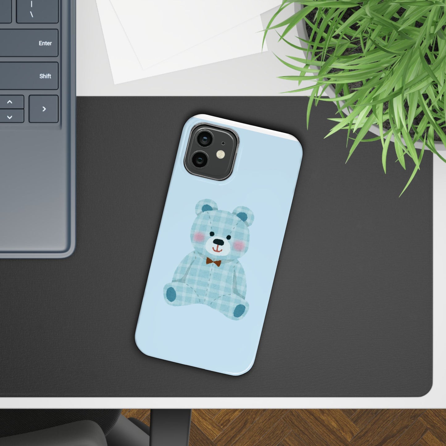 Cute Bear Slim Phone Case - Blue Plaid Design