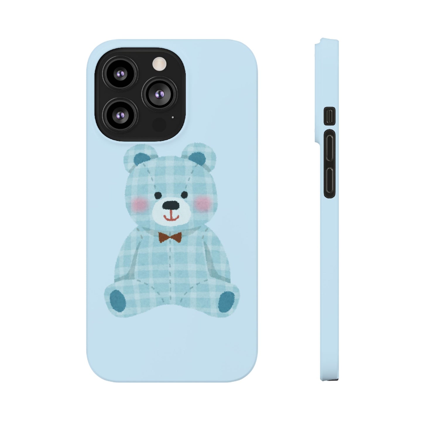 Cute Bear Slim Phone Case - Blue Plaid Design