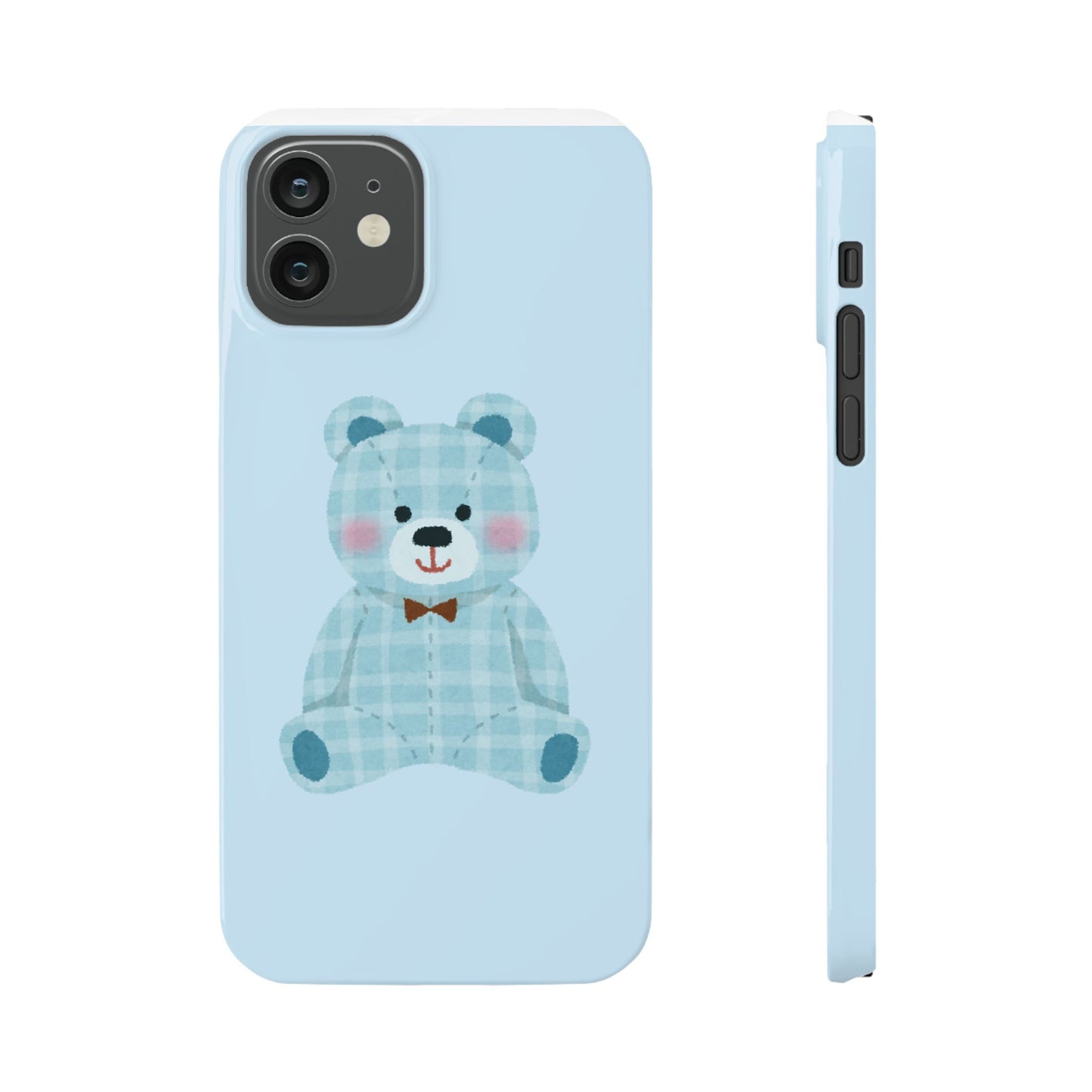 Cute Bear Slim Phone Case - Blue Plaid Design