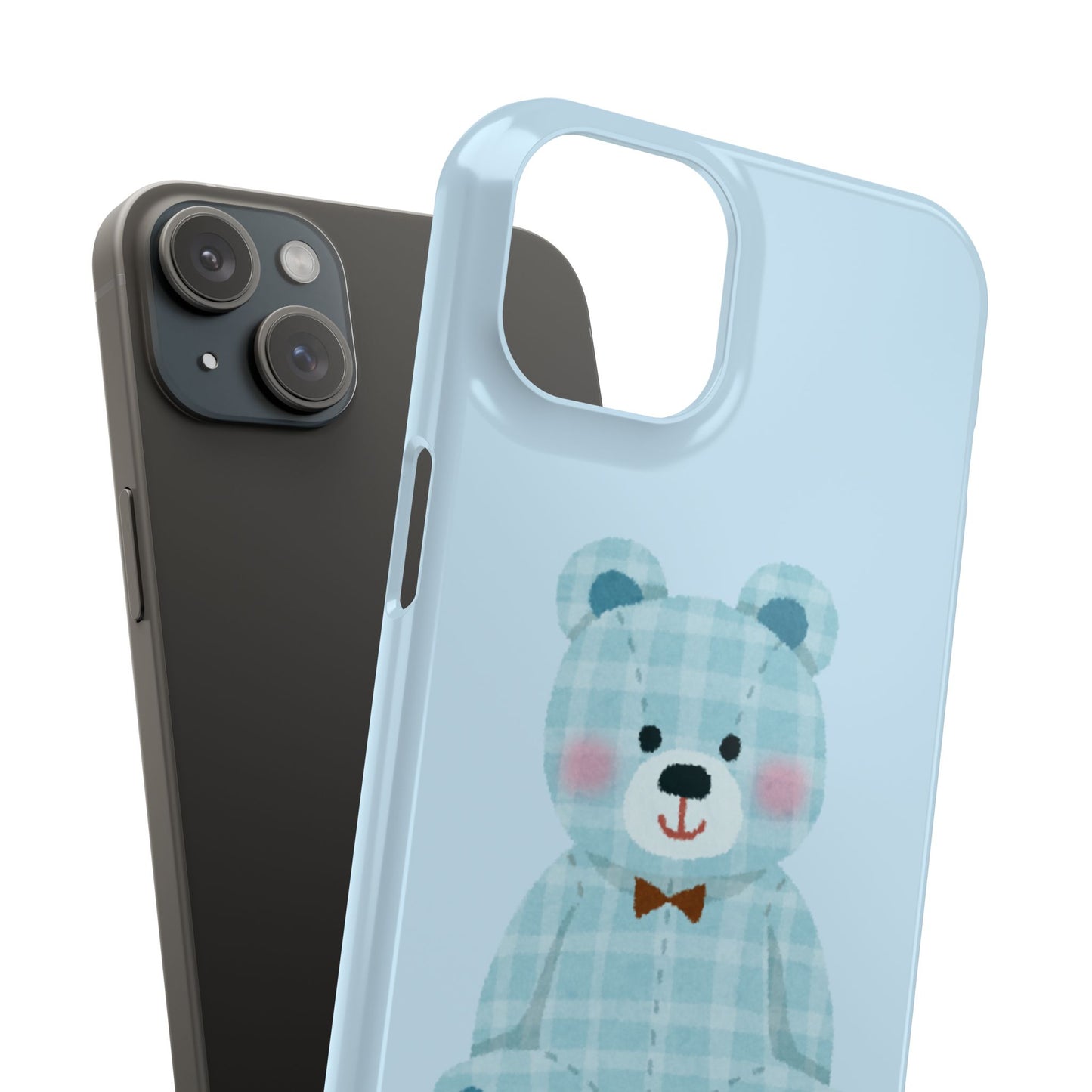 Cute Bear Slim Phone Case - Blue Plaid Design