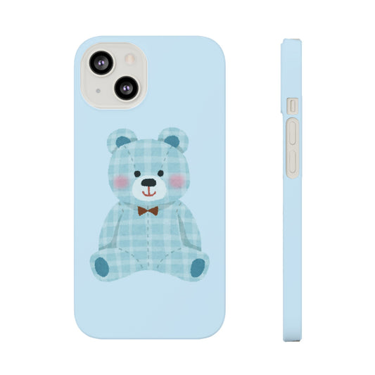 Cute Bear Slim Phone Case - Blue Plaid Design