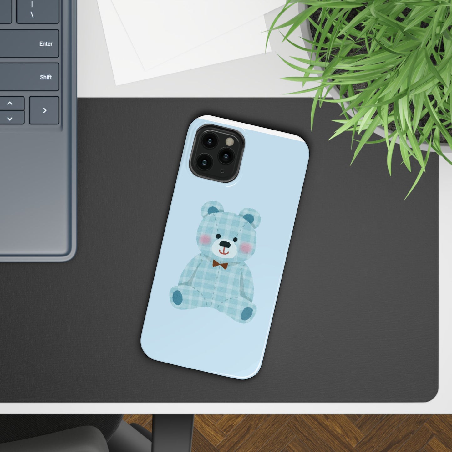 Cute Bear Slim Phone Case - Blue Plaid Design