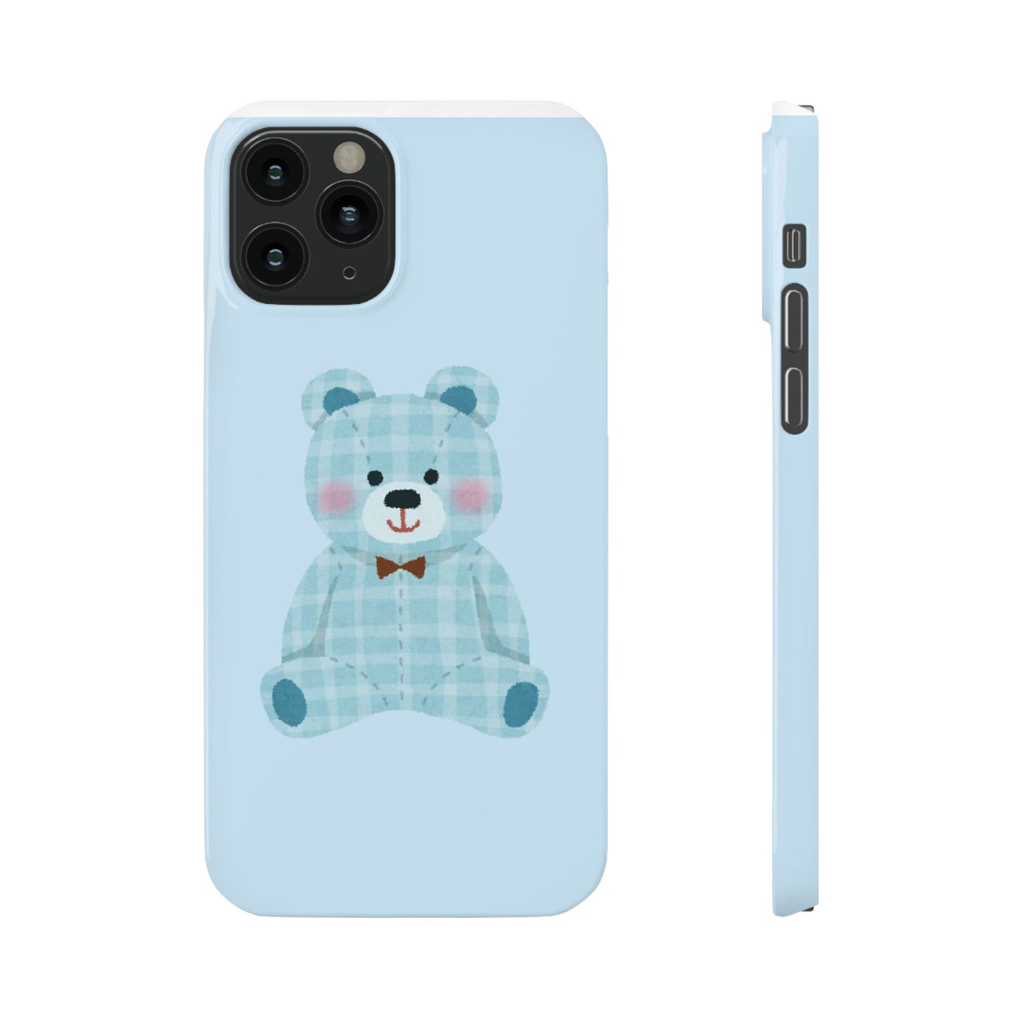 Cute Bear Slim Phone Case - Blue Plaid Design