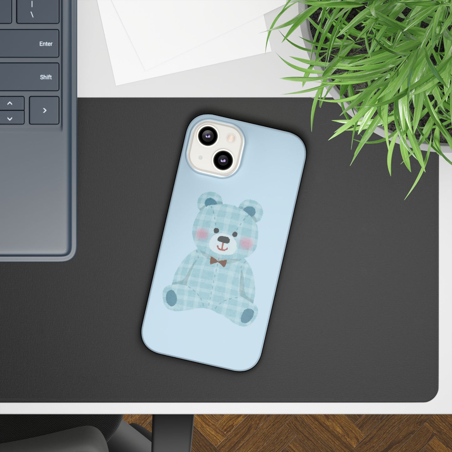 Cute Bear Slim Phone Case - Blue Plaid Design