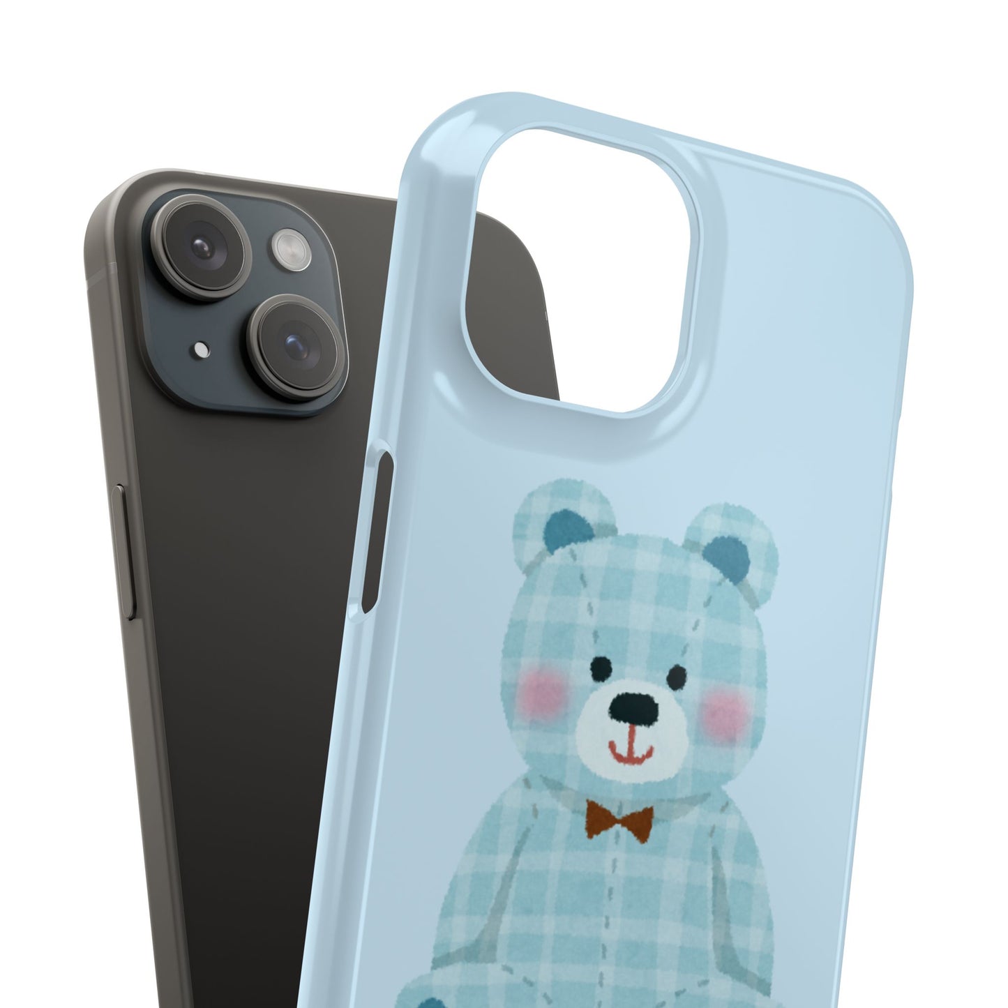 Cute Bear Slim Phone Case - Blue Plaid Design