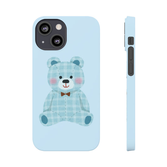 Cute Bear Slim Phone Case - Blue Plaid Design