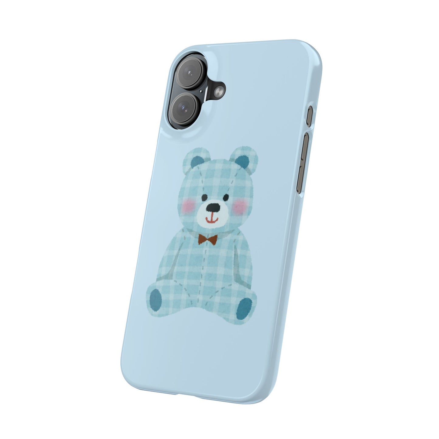 Cute Bear Slim Phone Case - Blue Plaid Design