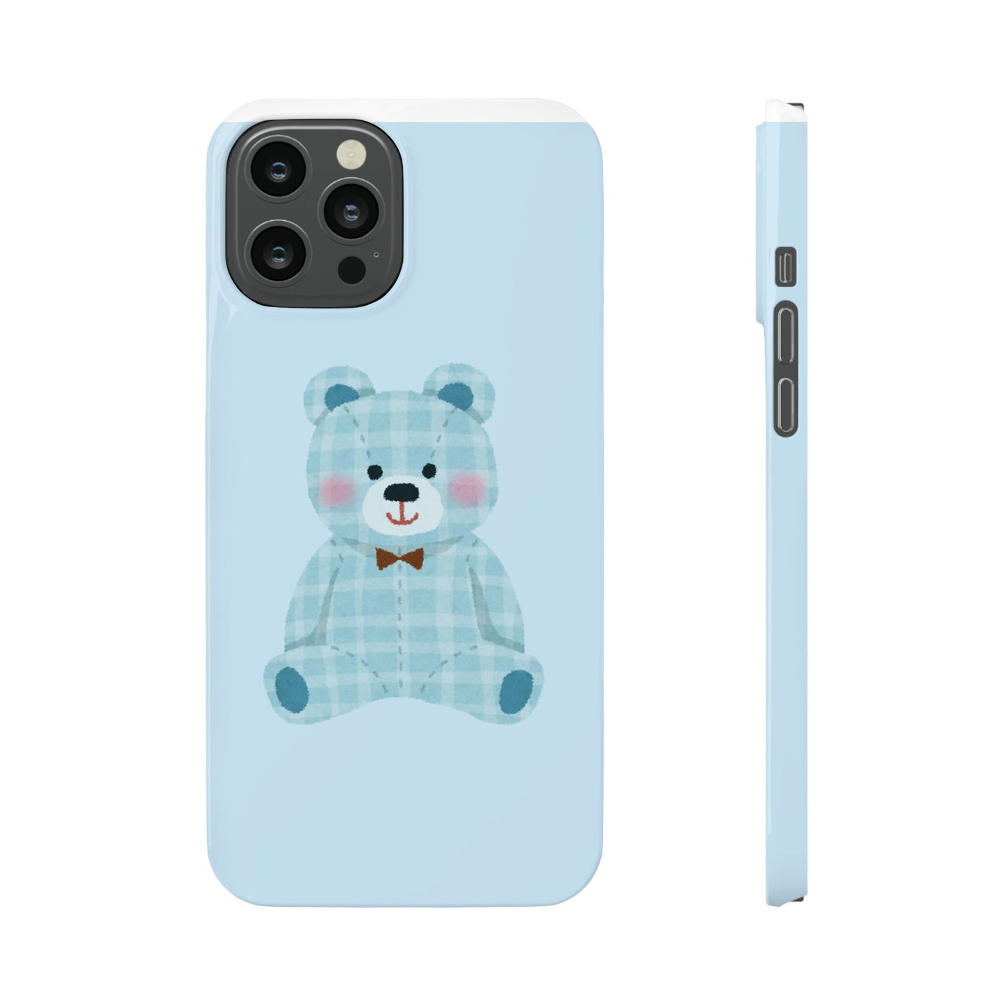 Cute Bear Slim Phone Case - Blue Plaid Design