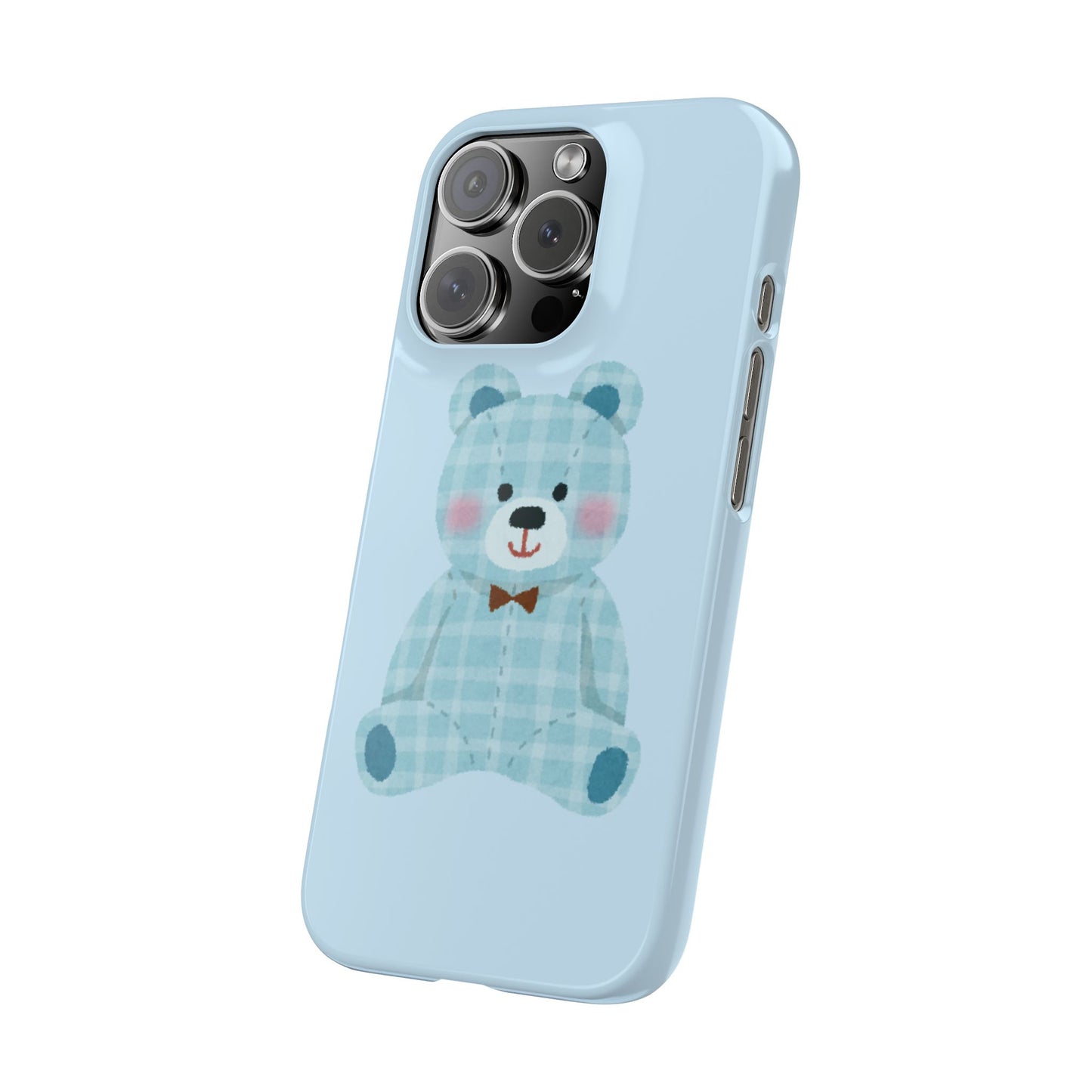 Cute Bear Slim Phone Case - Blue Plaid Design