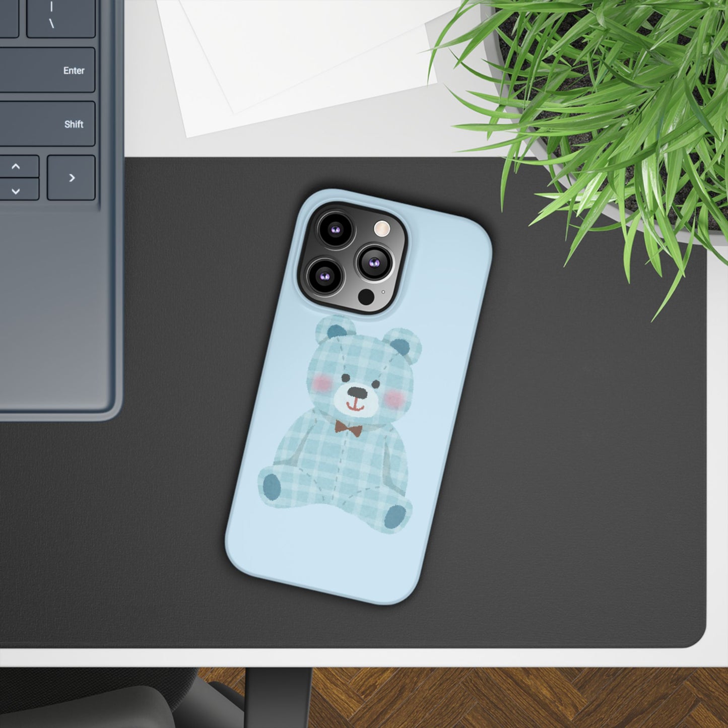 Cute Bear Slim Phone Case - Blue Plaid Design